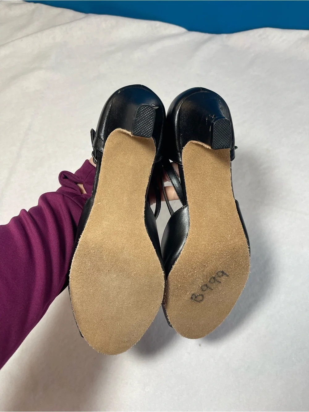 Dancing Dolls Black Leather Ballroom Latin Dance Shoes T-Strap Rhinestone 8.5W